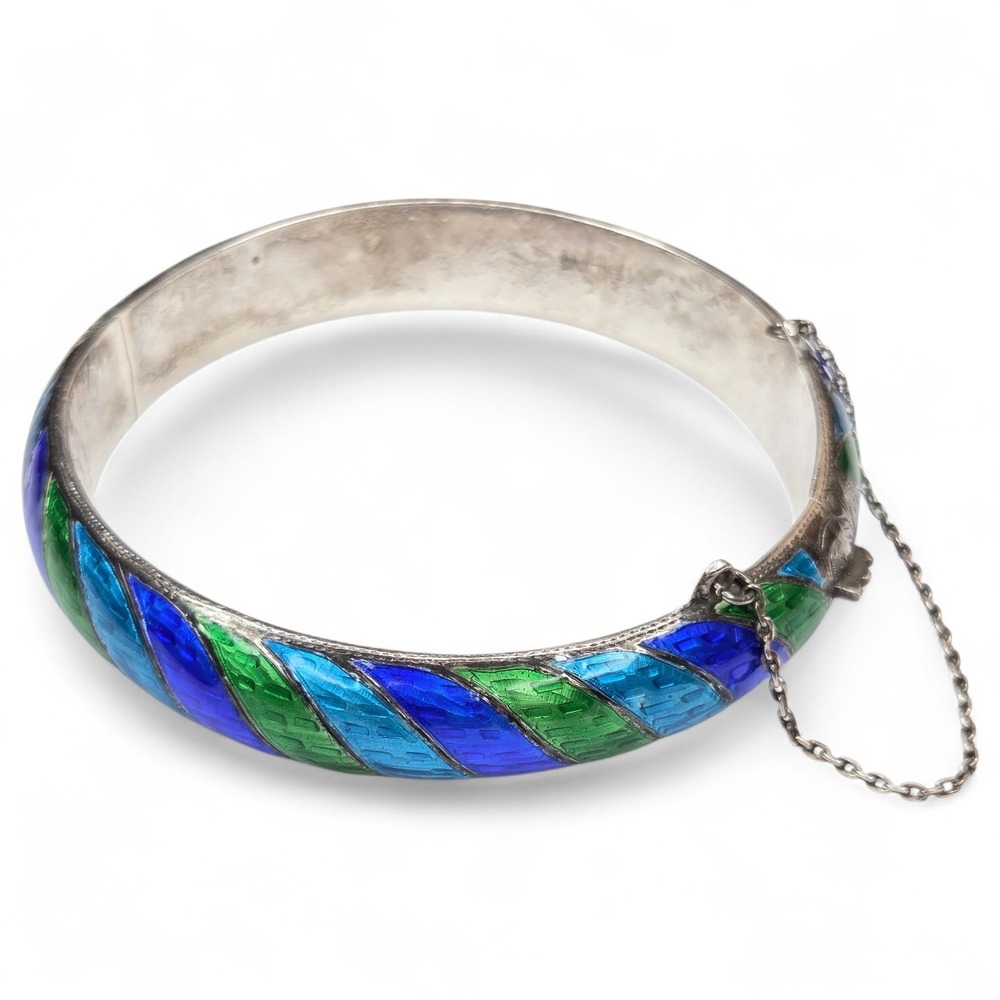 Vintage Sterling Silver 925 Enamel Blue Green Hinged Bangle Bracelet Earring Set - Picture 6 of 13